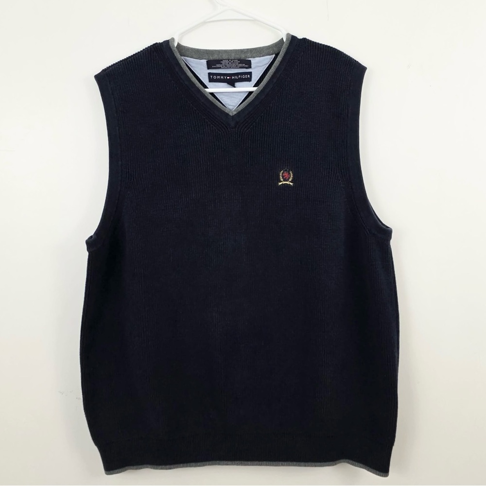 Tommy Hilfiger Navy V-Neck Sweater Vest Men’s Large Cotton Preppy Crest